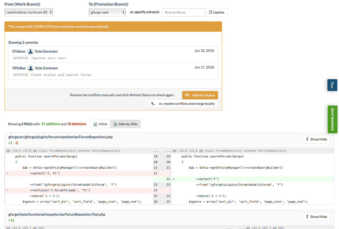 GForge allows you to perform code reviews from right inside of a ticket or using a more traditional merge-request process.